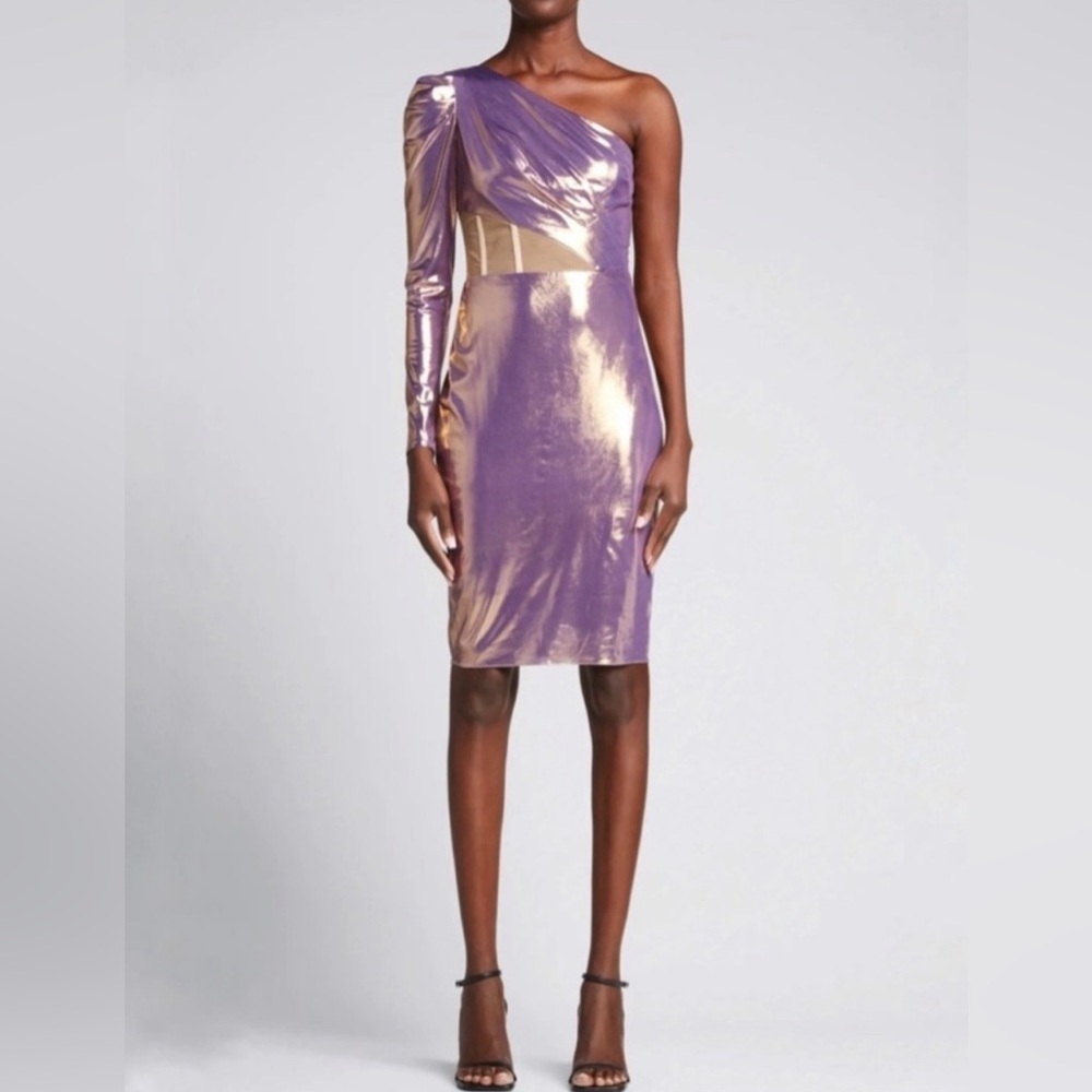 Marchesa Notte One Sleeve Lame Dress Purple Gold Metallic Size 6 Corset EUC